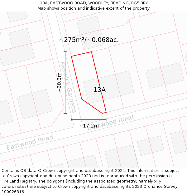 13A, EASTWOOD ROAD, WOODLEY, READING, RG5 3PY: Plot and title map
