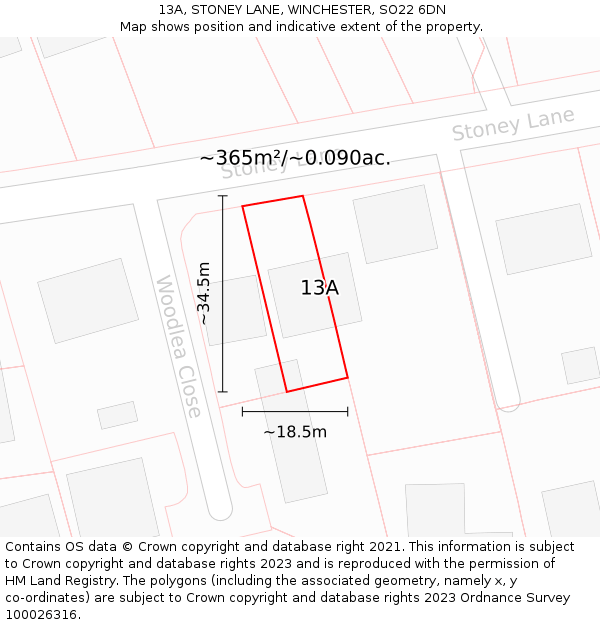 13A, STONEY LANE, WINCHESTER, SO22 6DN: Plot and title map