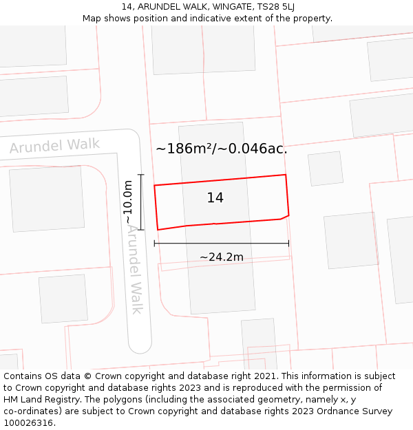 14, ARUNDEL WALK, WINGATE, TS28 5LJ: Plot and title map