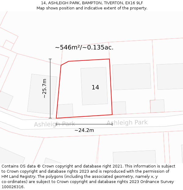 14, ASHLEIGH PARK, BAMPTON, TIVERTON, EX16 9LF: Plot and title map