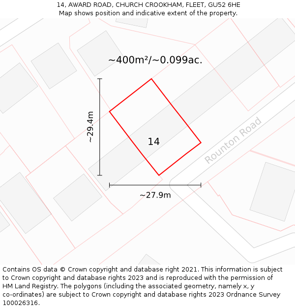 14, AWARD ROAD, CHURCH CROOKHAM, FLEET, GU52 6HE: Plot and title map