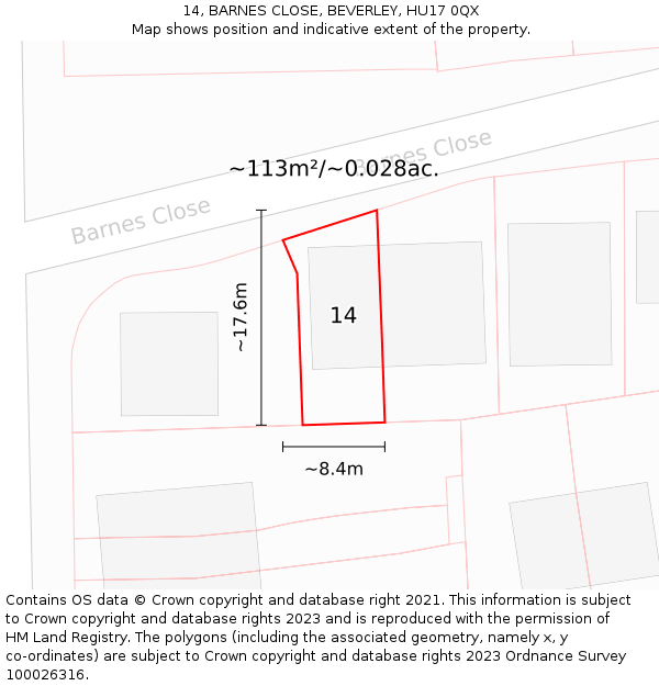 14, BARNES CLOSE, BEVERLEY, HU17 0QX: Plot and title map