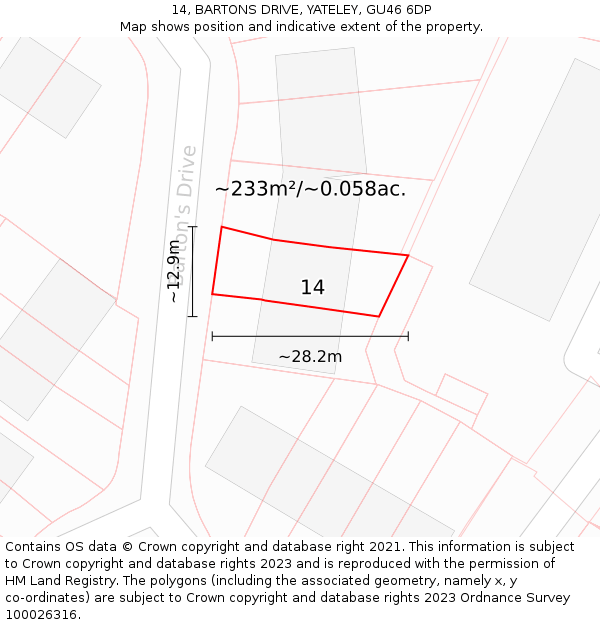 14, BARTONS DRIVE, YATELEY, GU46 6DP: Plot and title map