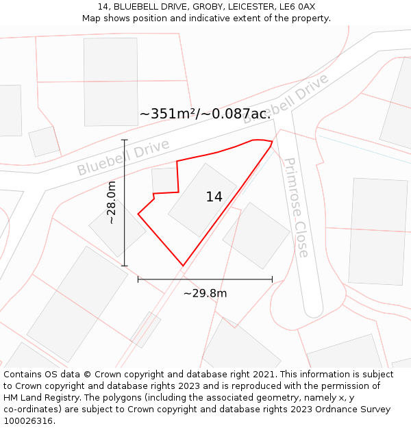 14, BLUEBELL DRIVE, GROBY, LEICESTER, LE6 0AX: Plot and title map