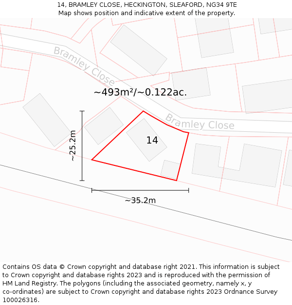 14, BRAMLEY CLOSE, HECKINGTON, SLEAFORD, NG34 9TE: Plot and title map