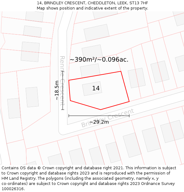 14, BRINDLEY CRESCENT, CHEDDLETON, LEEK, ST13 7HF: Plot and title map