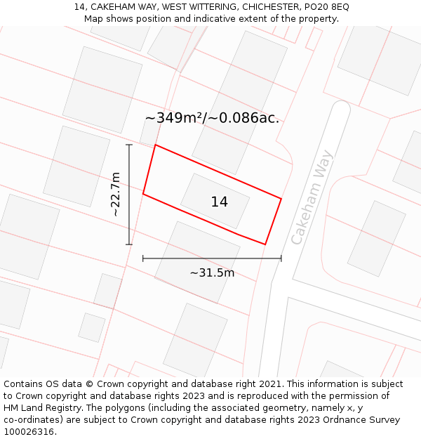 14, CAKEHAM WAY, WEST WITTERING, CHICHESTER, PO20 8EQ: Plot and title map