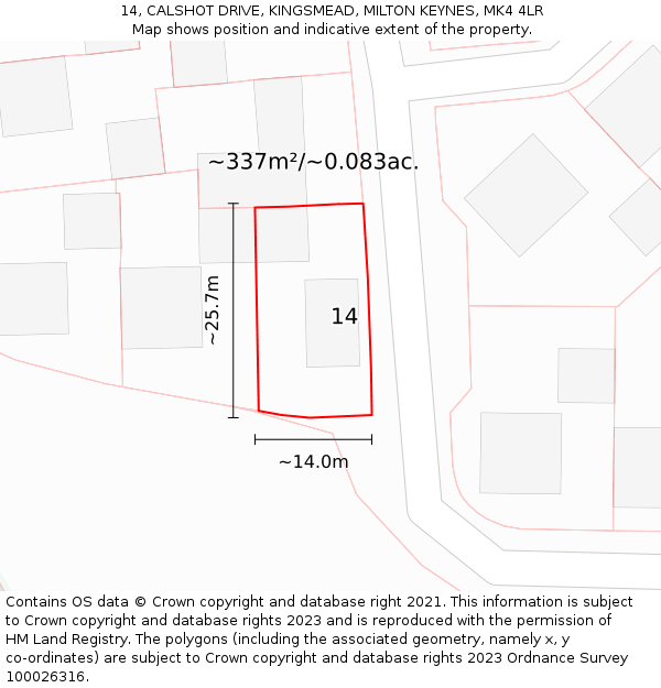 14, CALSHOT DRIVE, KINGSMEAD, MILTON KEYNES, MK4 4LR: Plot and title map