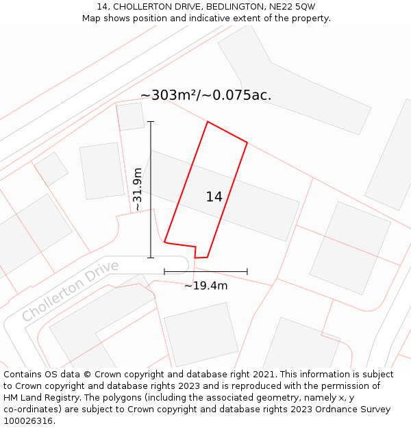 14, CHOLLERTON DRIVE, BEDLINGTON, NE22 5QW: Plot and title map