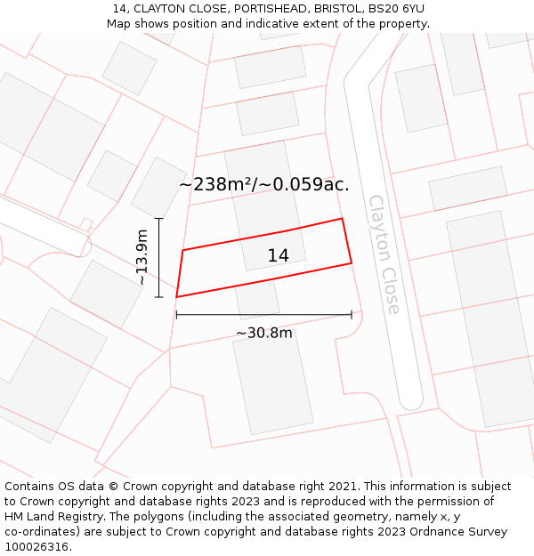 14, CLAYTON CLOSE, PORTISHEAD, BRISTOL, BS20 6YU: Plot and title map