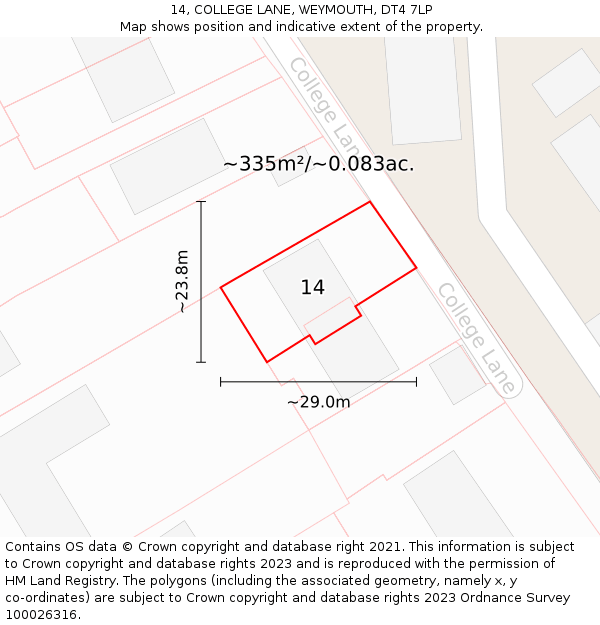14, COLLEGE LANE, WEYMOUTH, DT4 7LP: Plot and title map