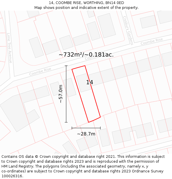 14, COOMBE RISE, WORTHING, BN14 0ED: Plot and title map