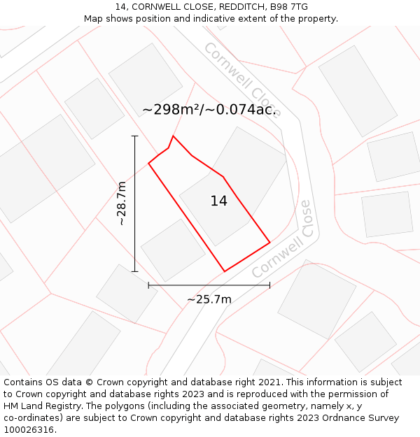 14, CORNWELL CLOSE, REDDITCH, B98 7TG: Plot and title map