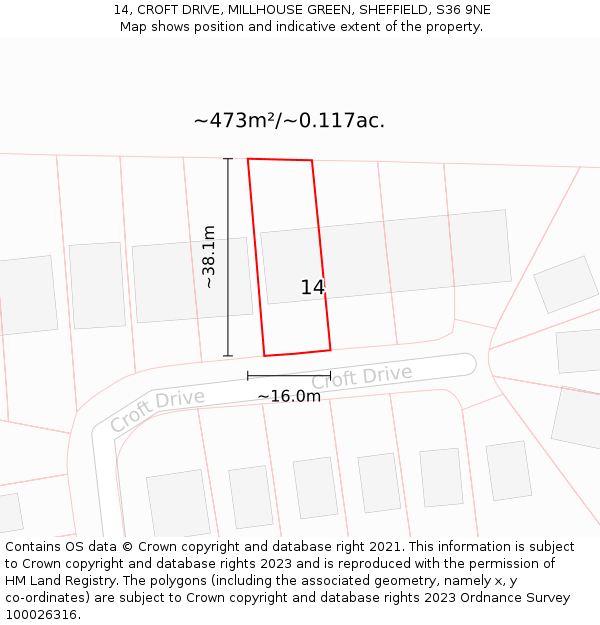 14, CROFT DRIVE, MILLHOUSE GREEN, SHEFFIELD, S36 9NE: Plot and title map