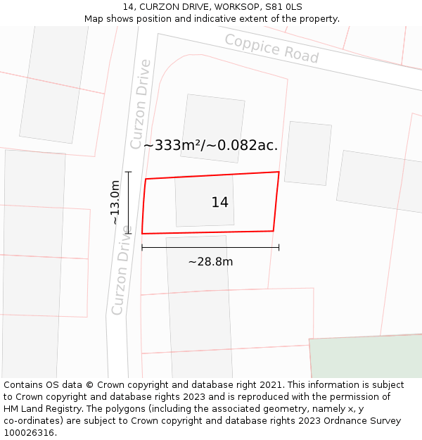 14, CURZON DRIVE, WORKSOP, S81 0LS: Plot and title map