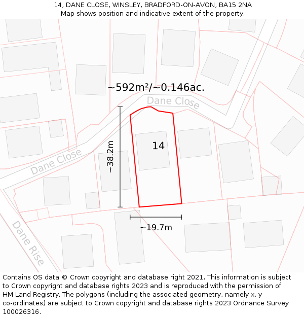 14, DANE CLOSE, WINSLEY, BRADFORD-ON-AVON, BA15 2NA: Plot and title map