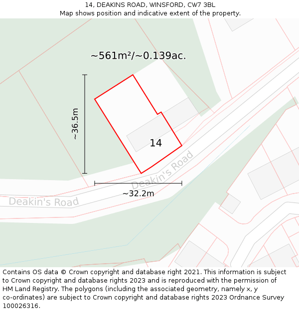 14, DEAKINS ROAD, WINSFORD, CW7 3BL: Plot and title map