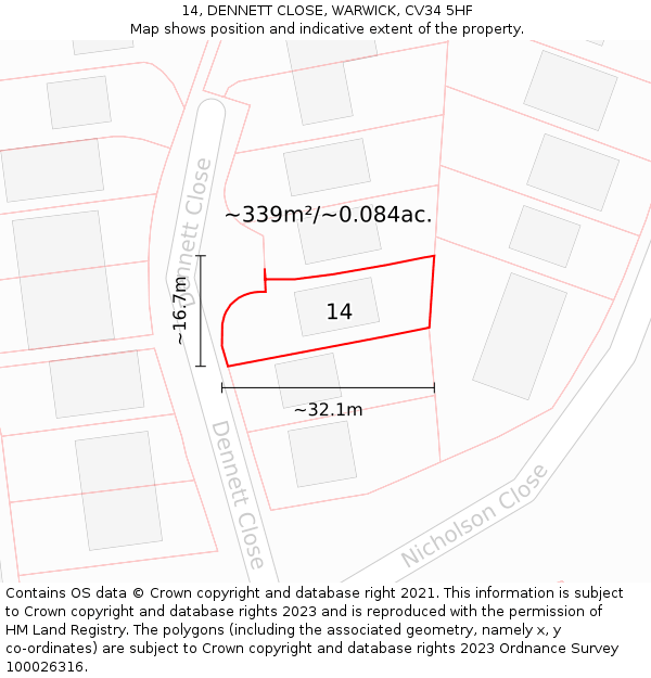 14, DENNETT CLOSE, WARWICK, CV34 5HF: Plot and title map