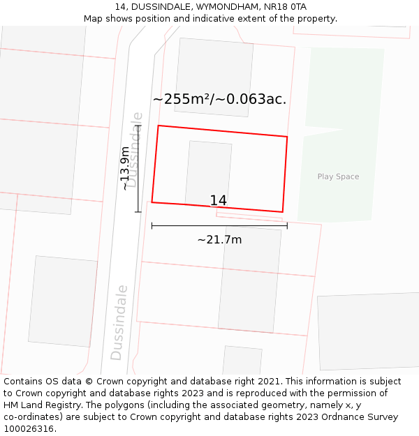 14, DUSSINDALE, WYMONDHAM, NR18 0TA: Plot and title map