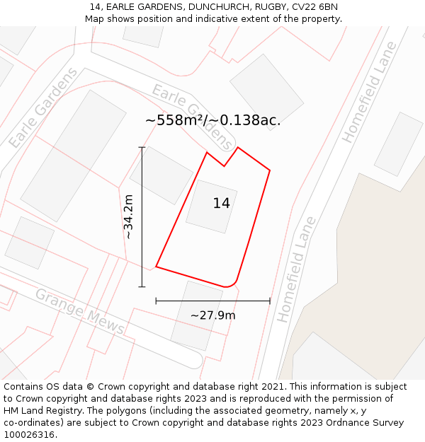 14, EARLE GARDENS, DUNCHURCH, RUGBY, CV22 6BN: Plot and title map