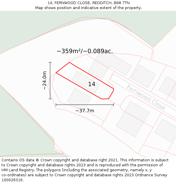 14, FERNWOOD CLOSE, REDDITCH, B98 7TN: Plot and title map