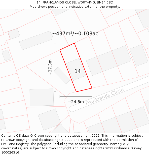 14, FRANKLANDS CLOSE, WORTHING, BN14 0BD: Plot and title map