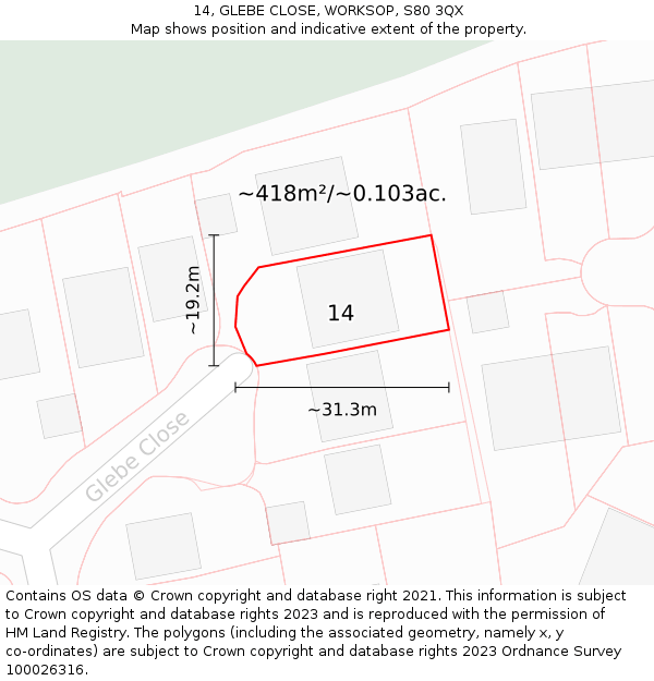 14, GLEBE CLOSE, WORKSOP, S80 3QX: Plot and title map