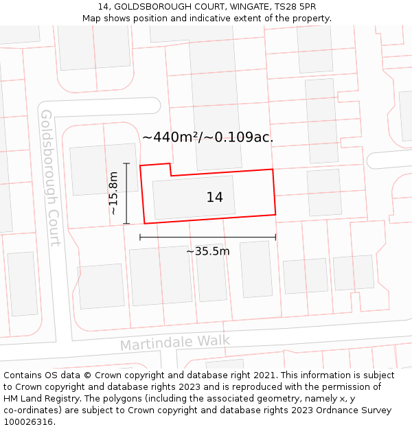 14, GOLDSBOROUGH COURT, WINGATE, TS28 5PR: Plot and title map