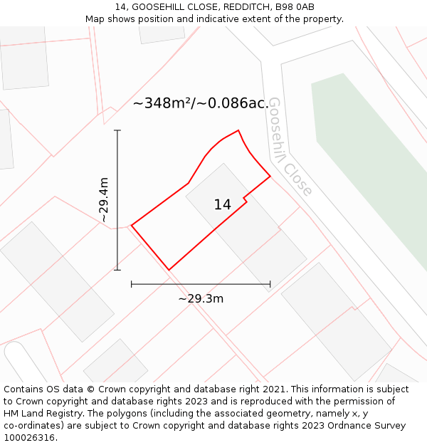 14, GOOSEHILL CLOSE, REDDITCH, B98 0AB: Plot and title map