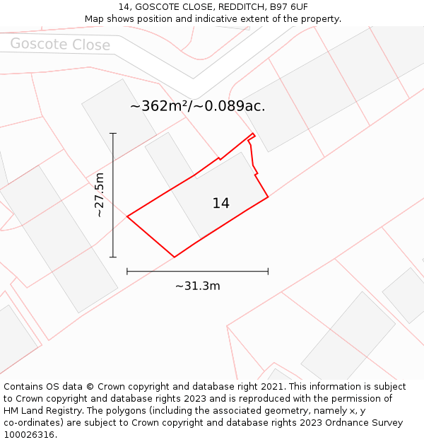 14, GOSCOTE CLOSE, REDDITCH, B97 6UF: Plot and title map