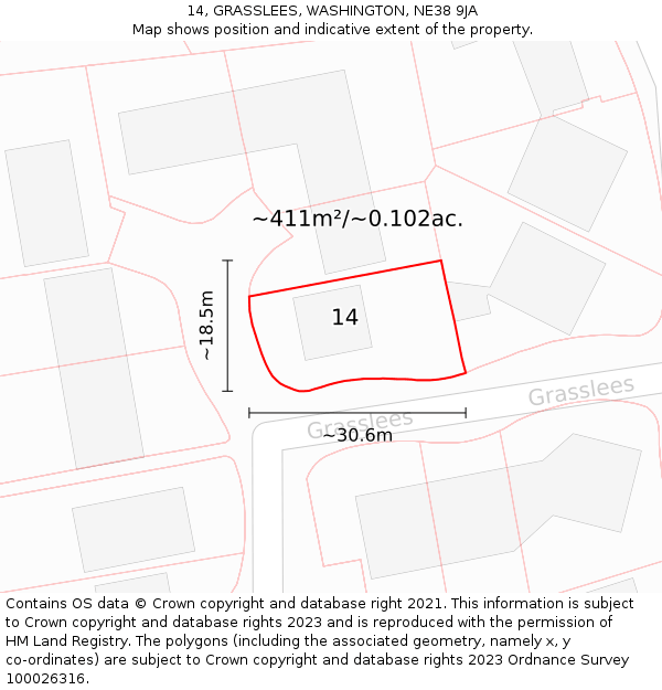 14, GRASSLEES, WASHINGTON, NE38 9JA: Plot and title map