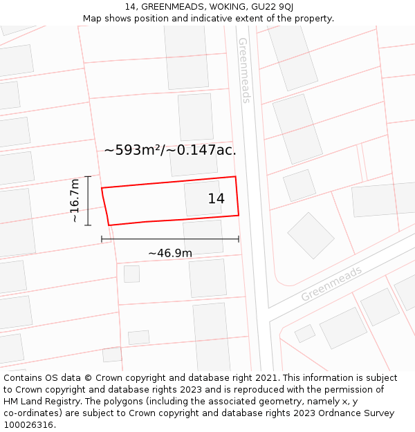 14, GREENMEADS, WOKING, GU22 9QJ: Plot and title map