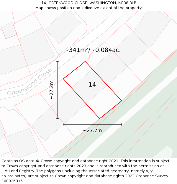 14, GREENWOOD CLOSE, WASHINGTON, NE38 8LR: Plot and title map