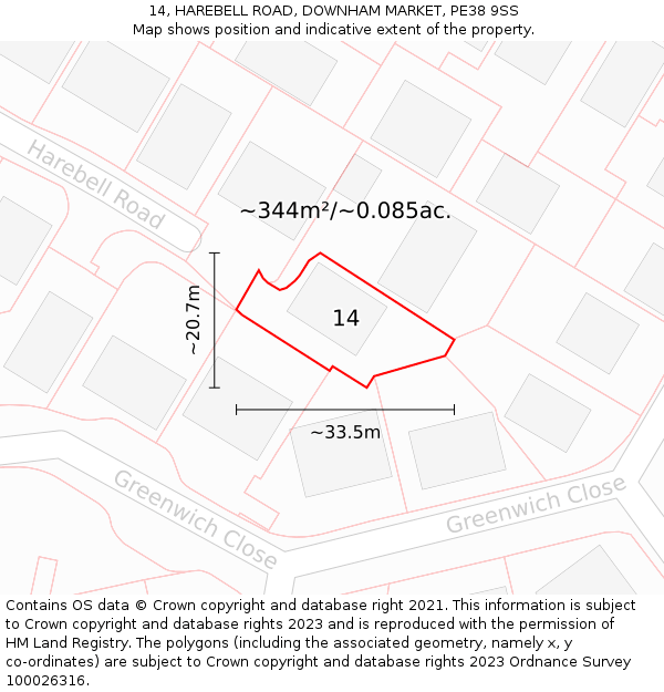 14, HAREBELL ROAD, DOWNHAM MARKET, PE38 9SS: Plot and title map