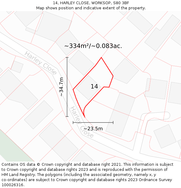 14, HARLEY CLOSE, WORKSOP, S80 3BF: Plot and title map