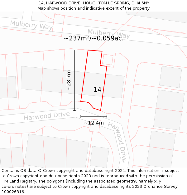 14, HARWOOD DRIVE, HOUGHTON LE SPRING, DH4 5NY: Plot and title map