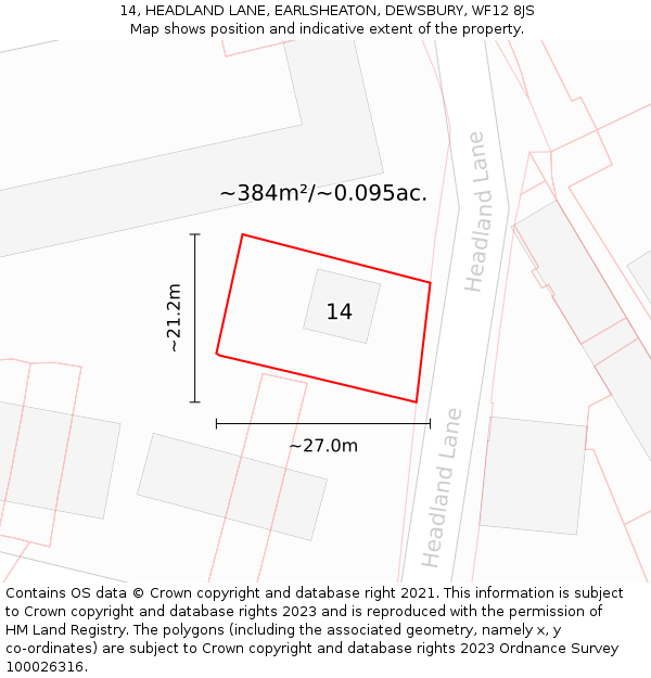 14, HEADLAND LANE, EARLSHEATON, DEWSBURY, WF12 8JS: Plot and title map