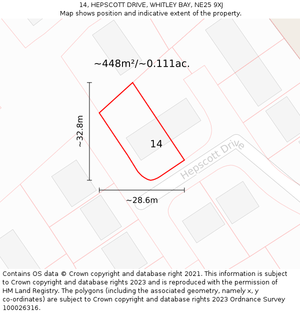 14, HEPSCOTT DRIVE, WHITLEY BAY, NE25 9XJ: Plot and title map