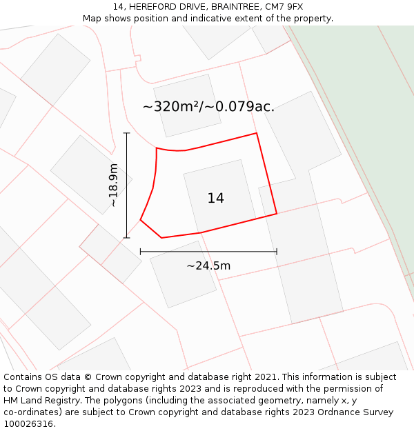 14, HEREFORD DRIVE, BRAINTREE, CM7 9FX: Plot and title map