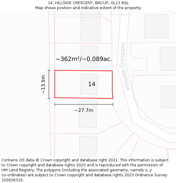 14, HILLSIDE CRESCENT, BACUP, OL13 8QL: Plot and title map