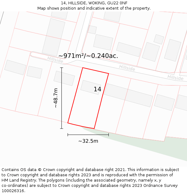 14, HILLSIDE, WOKING, GU22 0NF: Plot and title map