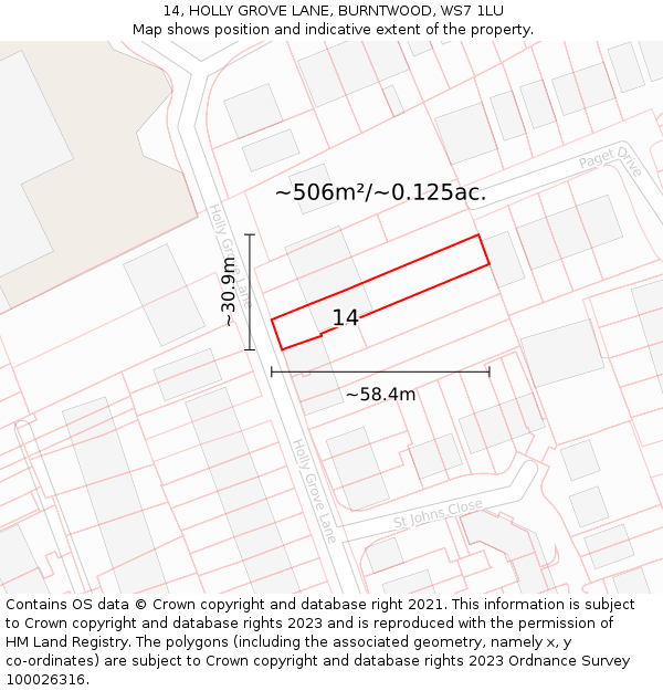 14, HOLLY GROVE LANE, BURNTWOOD, WS7 1LU: Plot and title map