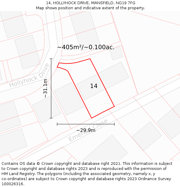 14, HOLLYHOCK DRIVE, MANSFIELD, NG19 7FG: Plot and title map