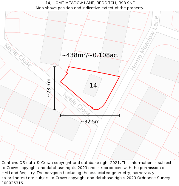 14, HOME MEADOW LANE, REDDITCH, B98 9NE: Plot and title map