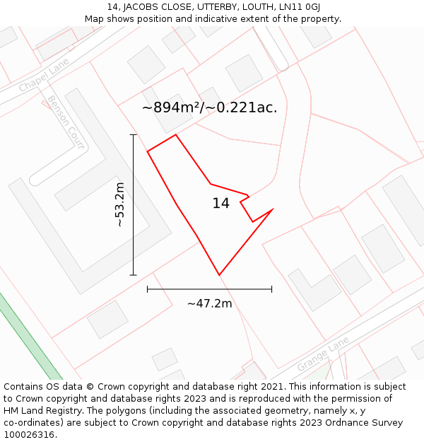 14, JACOBS CLOSE, UTTERBY, LOUTH, LN11 0GJ: Plot and title map