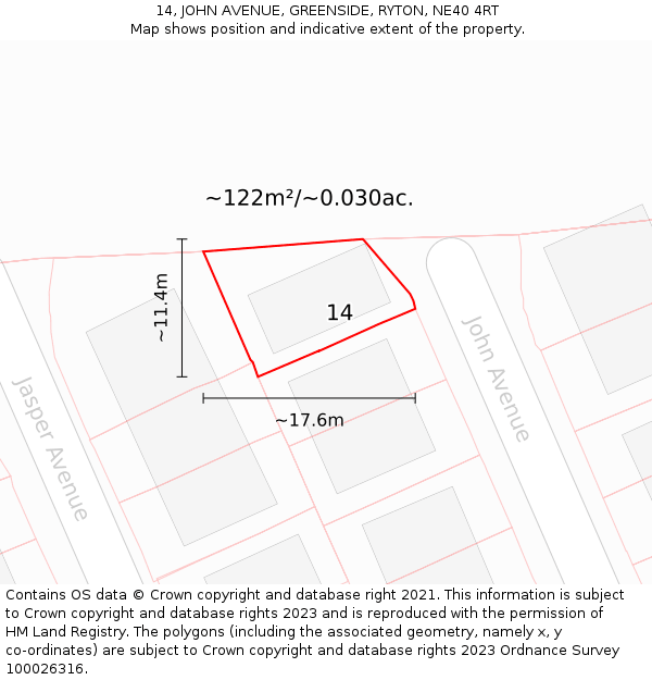 14, JOHN AVENUE, GREENSIDE, RYTON, NE40 4RT: Plot and title map