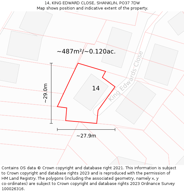 14, KING EDWARD CLOSE, SHANKLIN, PO37 7DW: Plot and title map