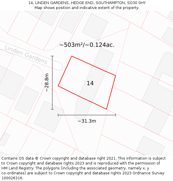 14, LINDEN GARDENS, HEDGE END, SOUTHAMPTON, SO30 0HY: Plot and title map