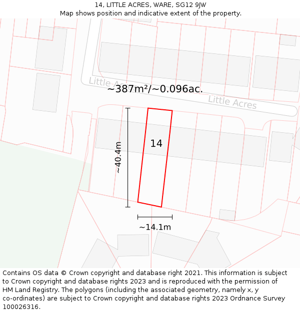 14, LITTLE ACRES, WARE, SG12 9JW: Plot and title map
