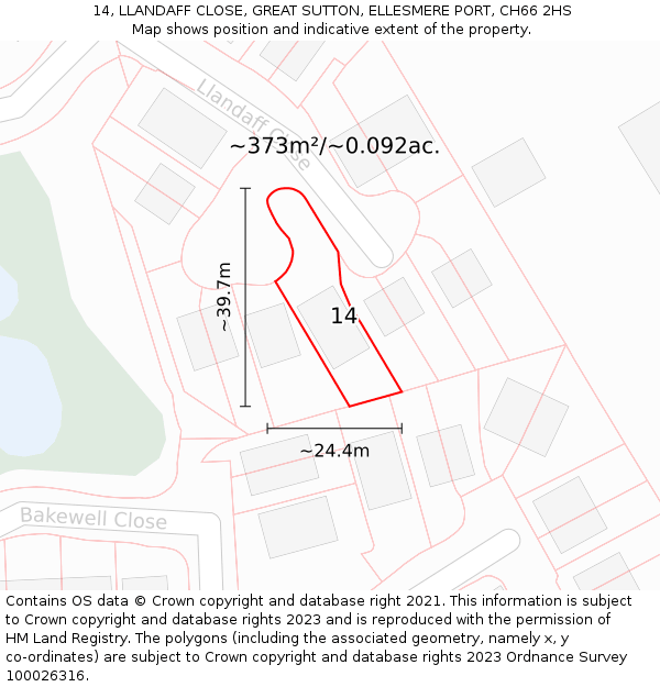 14, LLANDAFF CLOSE, GREAT SUTTON, ELLESMERE PORT, CH66 2HS: Plot and title map